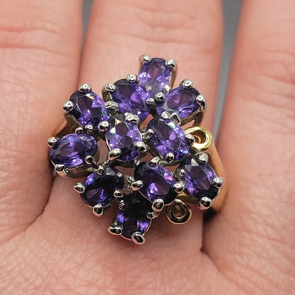Vintage Gemstone Cluster Cocktail Ring  Amethyst Gold Tone